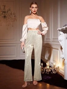 Allurite High Waist Sequin Flare Leg Trousers - Champagne - View 4