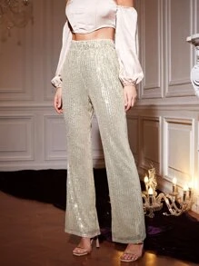 Allurite High Waist Sequin Flare Leg Trousers - Champagne - View 5