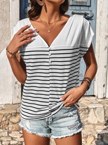 SHEIN Frenchy Striped Batwing Sleeve Tee - Black and White - View 3