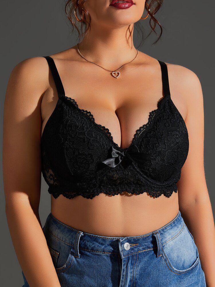大碼花卉蕾絲鋼圈文胸 - 黑色 - 查看 4