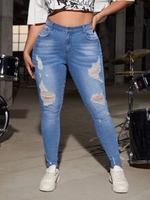 SHEIN ICON Plus Solid Ripped Skinny Jeans - Medium Wash - View 1