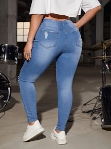 SHEIN ICON Plus Solid Ripped Skinny Jeans - Medium Wash - View 3