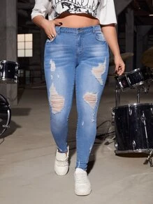 SHEIN ICON Plus Solid Ripped Skinny Jeans - Medium Wash - View 4