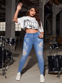 SHEIN ICON Plus Solid Ripped Skinny Jeans - Medium Wash - View 5