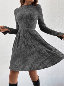 SHEIN Frenchy Đầm Chia Gân đan màu trơn Giải trí - Màu xám đen - Xem 3