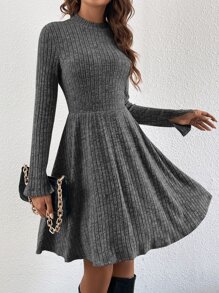 SHEIN Frenchy Đầm Chia Gân đan màu trơn Giải trí - Màu xám đen - Xem 4