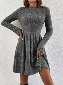 SHEIN Frenchy Đầm Chia Gân đan màu trơn Giải trí - Màu xám đen - Xem 5