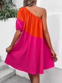 SHEIN VCAY Colourblock One Shoulder Puff Sleeve Dress - Hot Pink - View 2