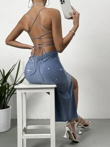 SHEIN BAE 露背繫帶高衩連衣裙 - 霧霾藍 - 查看 5