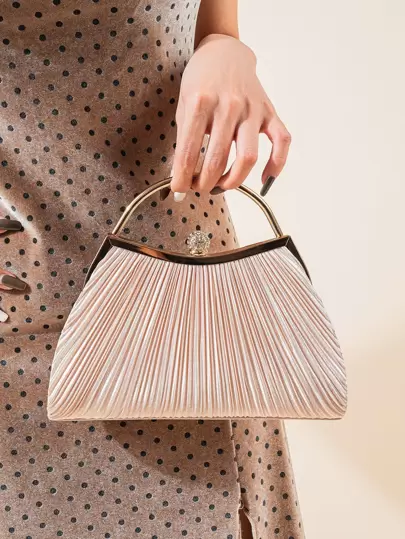 1 PC Ruched Evening Bag For Women, Elegant Pleated Kiss-Lock Closure Evening Bag,Shinny Metal Holder Frame Cross Body Clutch Bag,Kiss Lock Dinner Bag,Perfect Clutch For Party,Wedding And Banquet,Exquisite Patent Square Evening Bag For Party Dinner, Clutch Bag For Wedding