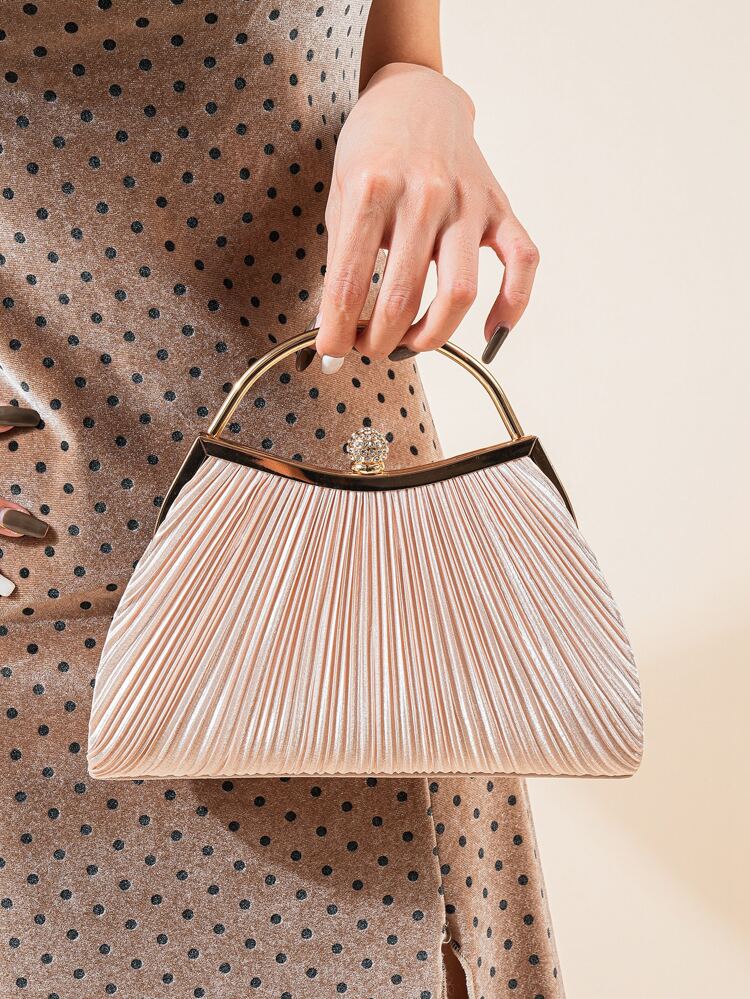 1 PC Ruched Evening Bag For Women, Elegant Pleated Kiss-Lock Closure Evening Bag,Shinny Metal Holder Frame Cross Body Clutch Bag,Kiss Lock Dinner Bag,Perfect Clutch For Party,Wedding And Banquet,Exquisite Patent Square Evening Bag For Party Dinner, Clutch Bag For Wedding