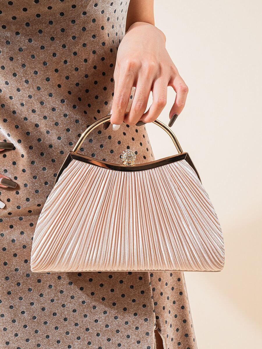 1 件女士褶皱晚宴包，优雅褶皱吻锁扣晚宴包，闪亮金属支架斜挎包，吻锁晚宴包，派对、婚礼和宴会的完美手拿包，精致漆皮方形晚宴包，适合派对晚宴 - 香檳色 - 查看 1