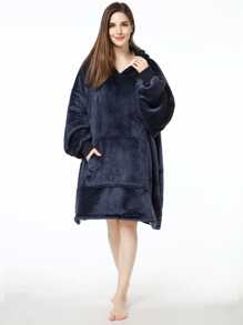 Solid Hooded Plush Night Dress - Navy Blue - View 1