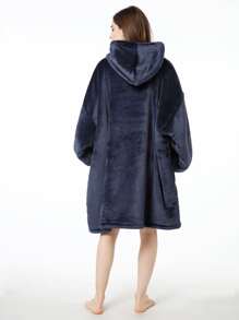 Solid Hooded Plush Night Dress - Navy Blue - View 2