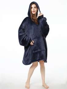 Solid Hooded Plush Night Dress - Navy Blue - View 3