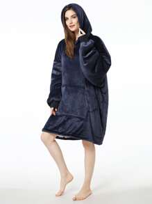 Solid Hooded Plush Night Dress - Navy Blue - View 4