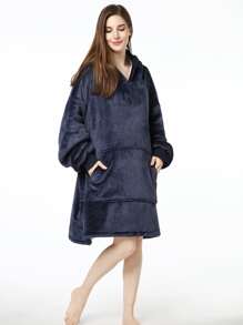 Solid Hooded Plush Night Dress - Navy Blue - View 5