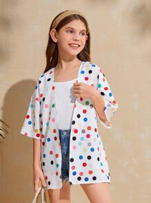 SHEIN Girls Open Front Polka Dot Print Kimono - White - View 1