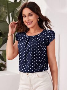 SHEIN Clasi 花瓣袖折疊前百褶波卡圓點上衣