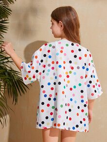 SHEIN Girls Open Front Polka Dot Print Kimono - White - View 2