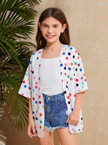 SHEIN Girls Open Front Polka Dot Print Kimono - White - View 4