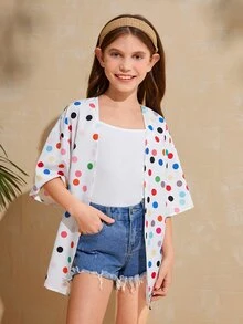 SHEIN Girls Open Front Polka Dot Print Kimono - White - View 5