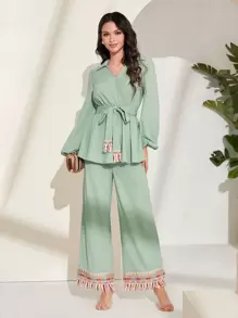 Mulvari Lantern Sleeve Belted Top & Tassel Hem Trousers - Mint Green - View 1