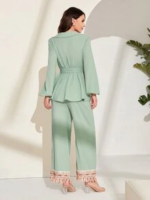 Mulvari Lantern Sleeve Belted Top & Tassel Hem Trousers - Mint Green - View 2