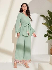 Mulvari Lantern Sleeve Belted Top & Tassel Hem Trousers - Mint Green - View 3