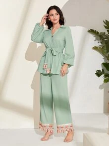 Mulvari Lantern Sleeve Belted Top & Tassel Hem Trousers - Mint Green - View 4