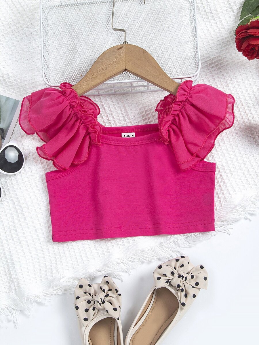 SHEIN Áo kiểu tay bồng bằng vải chiffon màu hồng cho bé gái và áo croptop xắn gấu dễ thương cho mùa hè. - Màu Hồng Tươi - Xem 1