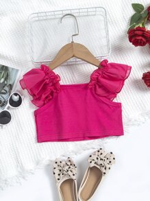 SHEIN Áo kiểu tay bồng bằng vải chiffon màu hồng cho bé gái và áo croptop xắn gấu dễ thương cho mùa hè. - Màu Hồng Tươi - Xem 2