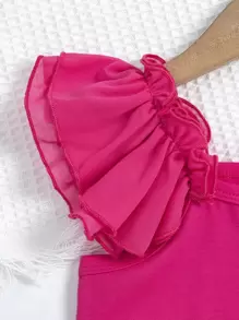 SHEIN Áo kiểu tay bồng bằng vải chiffon màu hồng cho bé gái và áo croptop xắn gấu dễ thương cho mùa hè. - Màu Hồng Tươi - Xem 3