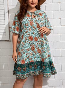 SHEIN VCAY Vestido smock con estampado floral de cuello con cordón bajo con fruncido - Multicolor - Ver 1