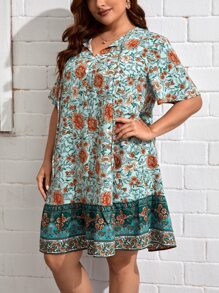 SHEIN VCAY Vestido smock con estampado floral de cuello con cordón bajo con fruncido - Multicolor - Ver 3