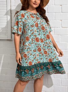 SHEIN VCAY Vestido smock con estampado floral de cuello con cordón bajo con fruncido - Multicolor - Ver 4