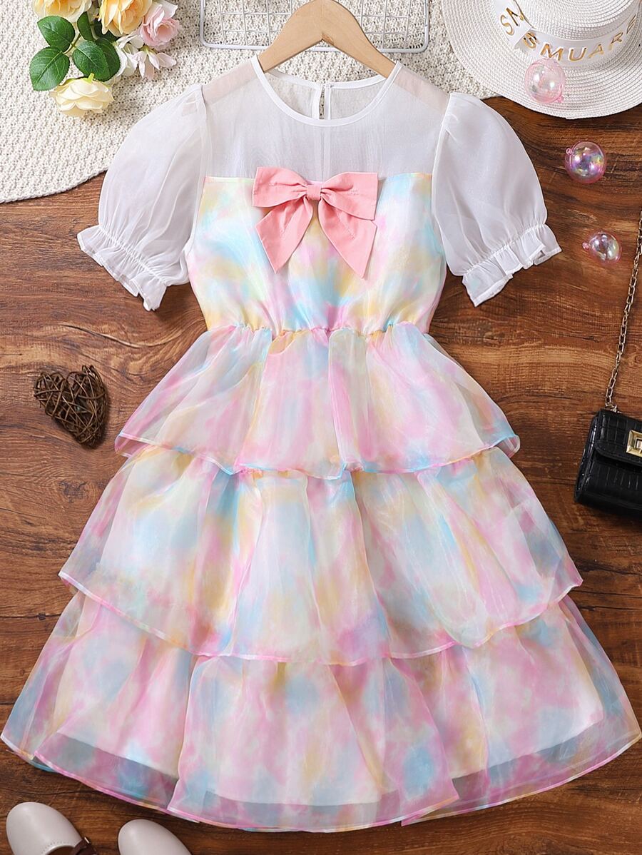 女孩紮染前蝴蝶結泡泡袖層疊下擺歐根紗洋裝