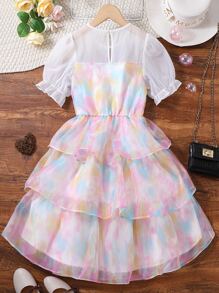 女孩紮染前蝴蝶結泡泡袖層疊下擺歐根紗洋裝