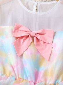 女孩紮染前蝴蝶結泡泡袖層疊下擺歐根紗洋裝