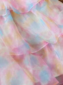 女孩紮染前蝴蝶結泡泡袖層疊下擺歐根紗洋裝