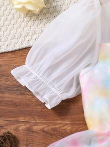 女孩紮染前蝴蝶結泡泡袖層疊下擺歐根紗洋裝