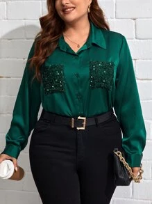 SHEIN Clasi Plus Contrast Sequin Patched Pocket Shirt - Dark Green - View 1