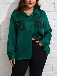 SHEIN Clasi Plus Contrast Sequin Patched Pocket Shirt - Dark Green - View 3