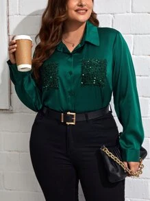 SHEIN Clasi Plus Contrast Sequin Patched Pocket Shirt - Dark Green - View 4