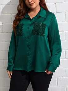SHEIN Clasi Plus Contrast Sequin Patched Pocket Shirt - Dark Green - View 5