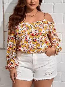 SHEIN VCAY 大碼印花挖肩燈籠袖襯衫 - 彩色 - 查看 1