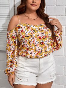 SHEIN VCAY 大碼印花挖肩燈籠袖襯衫 - 彩色 - 查看 3