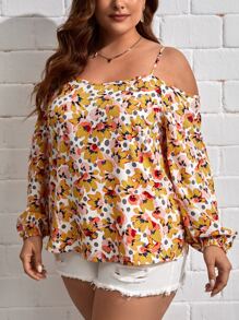 SHEIN VCAY 大碼印花挖肩燈籠袖襯衫 - 彩色 - 查看 4