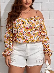 SHEIN VCAY 大碼印花挖肩燈籠袖襯衫 - 彩色 - 查看 5