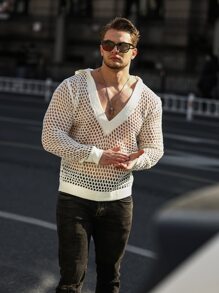 Manfinity Homme Men Hooded Open Knit Top - Beige - View 4